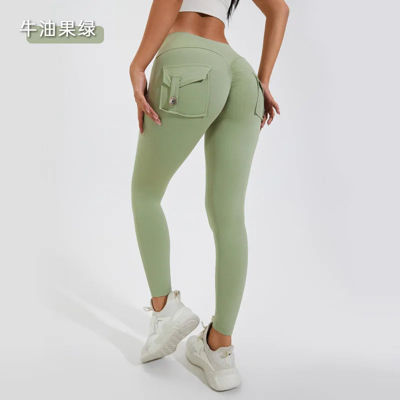 Women Girls Stretchy Compression Lightweight Quick Dry Scrunch Back Gym Cargo Pockets Leggings