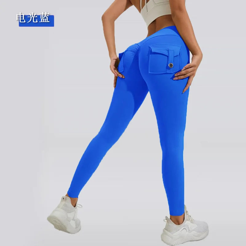 Women Girls Stretchy Compression Lightweight Quick Dry Scrunch Back Gym Cargo Pockets Leggings