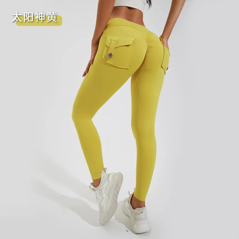 Women Girls Stretchy Compression Lightweight Quick Dry Scrunch Back Gym Cargo Pockets Leggings