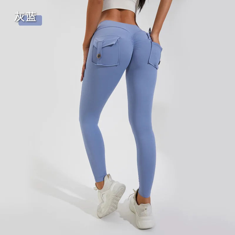 Women Girls Stretchy Compression Lightweight Quick Dry Scrunch Back Gym Cargo Pockets Leggings