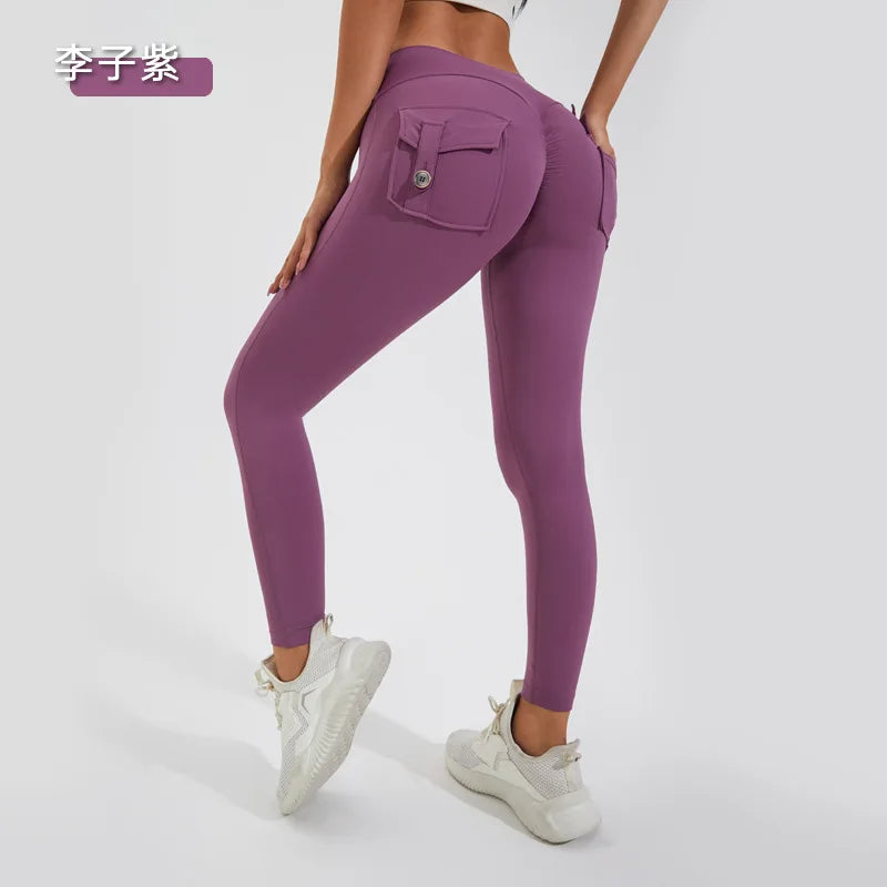 Women Girls Stretchy Compression Lightweight Quick Dry Scrunch Back Gym Cargo Pockets Leggings