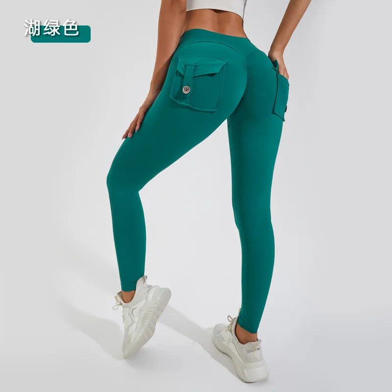 Women Girls Stretchy Compression Lightweight Quick Dry Scrunch Back Gym Cargo Pockets Leggings