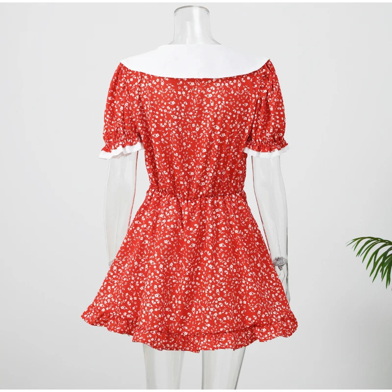 Women Red Floral Printed Mini Dress V-neck Short Sleeved Puff Sleeve Waist Trim Ruffle Slit Hem Dresses 2026 Summer Party Gown