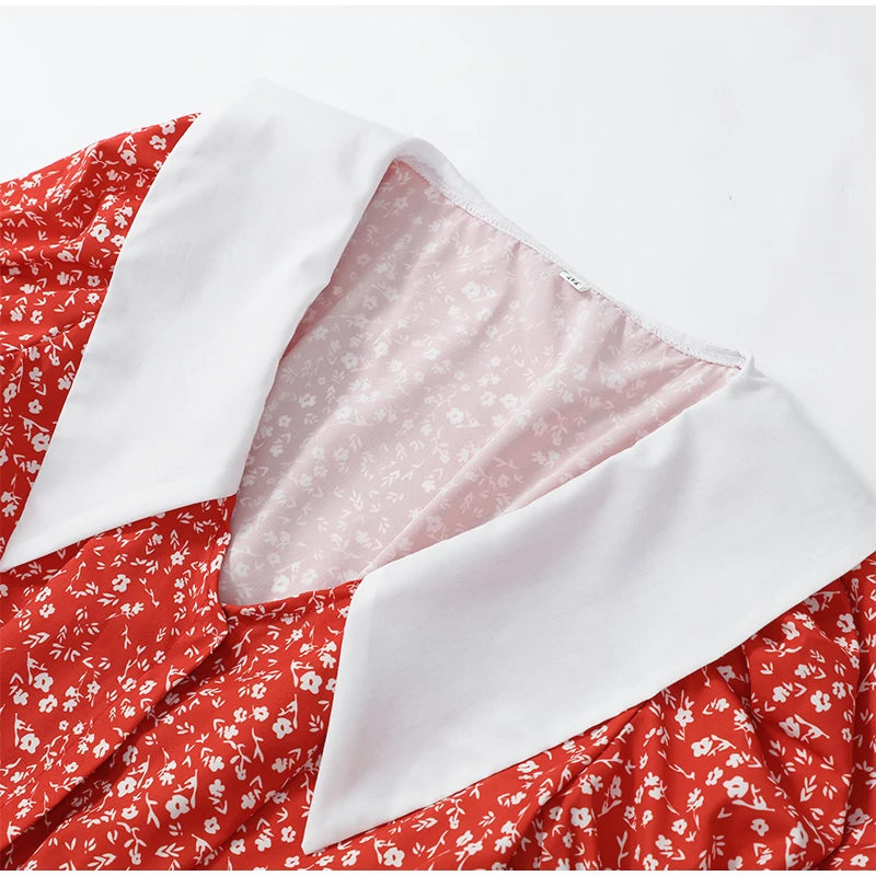 Women Red Floral Printed Mini Dress V-neck Short Sleeved Puff Sleeve Waist Trim Ruffle Slit Hem Dresses 2026 Summer Party Gown