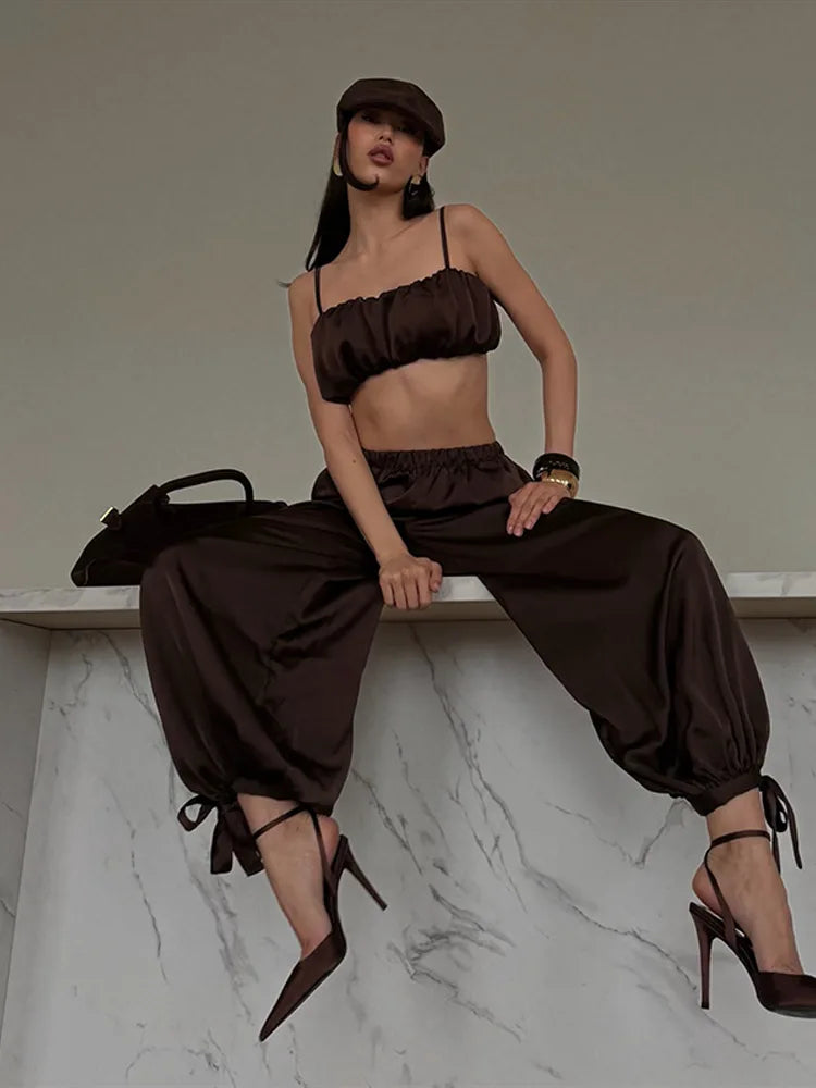 Women's Trousers 2 Pcs Suits Pleated Spaghetti Strap Cropped Tube Tops Elastic Waist Lace Up Pants Charming Ladies Partywear New