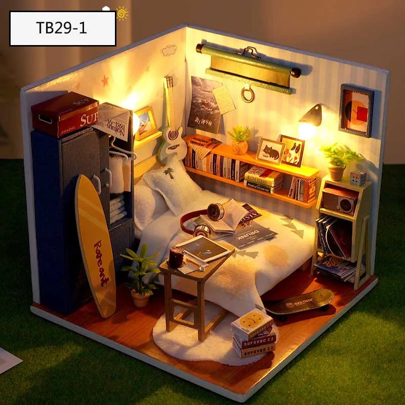 DIY Doll House Wooden Miniature Kit with Furniture Set Handmade Model Assembly Toy Case for Birthday Gifts