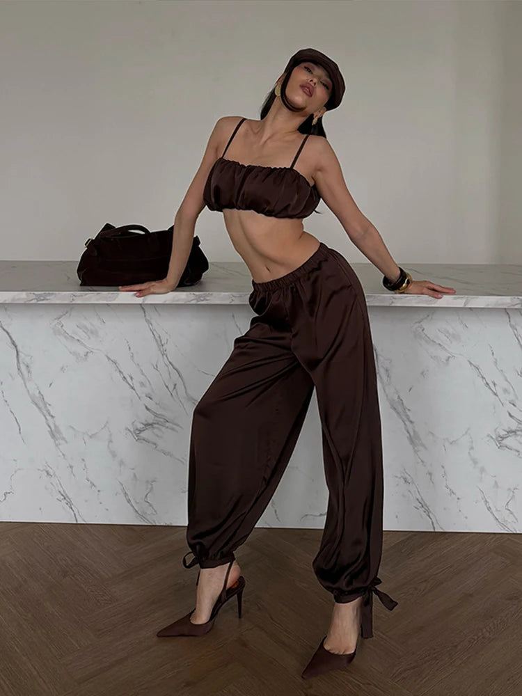 Women's Trousers 2 Pcs Suits Pleated Spaghetti Strap Cropped Tube Tops Elastic Waist Lace Up Pants Charming Ladies Partywear New
