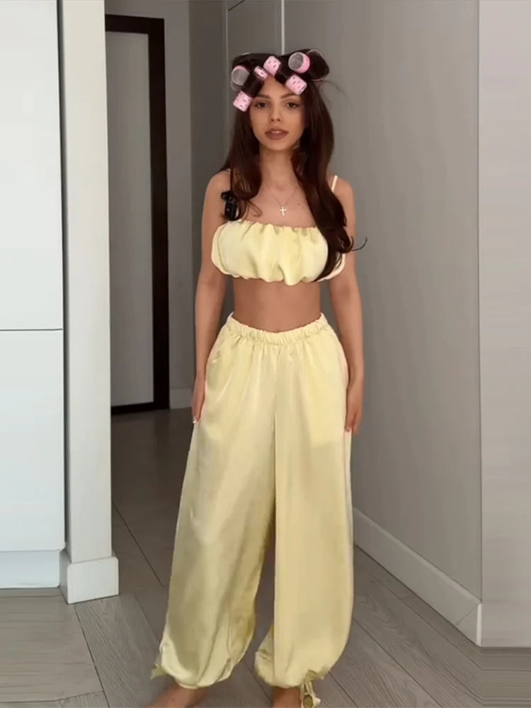 Women's Trousers 2 Pcs Suits Pleated Spaghetti Strap Cropped Tube Tops Elastic Waist Lace Up Pants Charming Ladies Partywear New