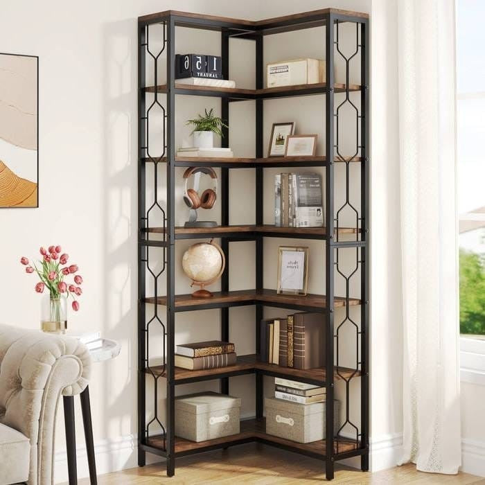 Velora 7-Tier Metal & Wood Corner Bookcase — product image